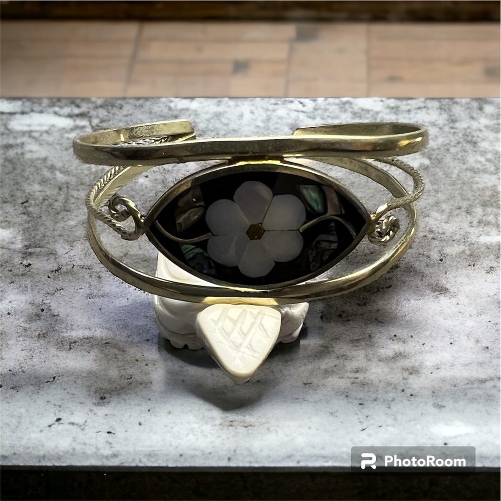 Vintage Mexico Alpaca Cuff Bracelet with mother of pearl inlay